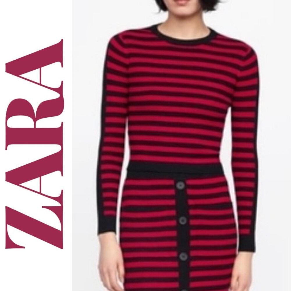 ZARA NAUTICAL STRIPED KNIT STRETCHY SWEATER FALL RED BLACK, SIZE L‎